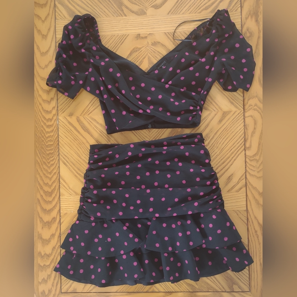 Dynamite black and pink polkadot crop shirt and skirt set